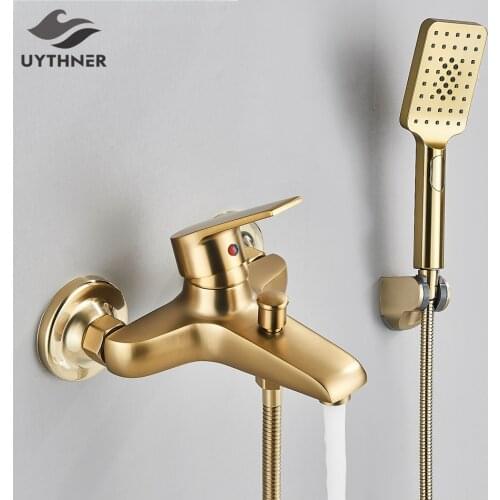 Uythner Brushed Gold Bathroom Shower Faucet Bath Faucet Mixer Tap ABS Hand Shower Set Wall Mount Black Shower Control Valve Taps