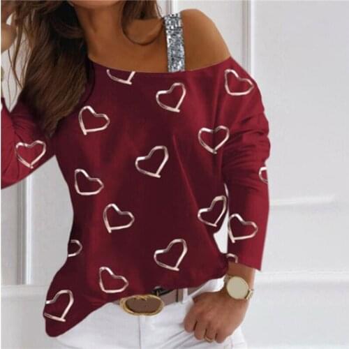 2021 New Ladies Top Good Quality Fashion Hot Sale Womens Clothes Love Print Halter Strapless Sexy Long Sleeve Casual T-Shirt