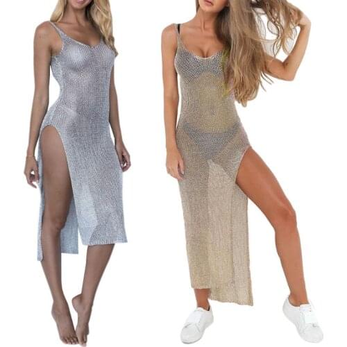 Women Sexy Summer Sunscreen Sheer Mesh Cover Up Metallic Solid Color Backless High Slit Beach Club Party Sleeveless Dress
