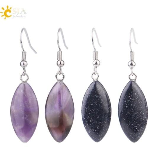 CSJA Natural Stone Dangle Earrings Horse Eye Shaped Pink Purple Crystal Quartz Drop Earring Simple Ear Jewellery for Women F978