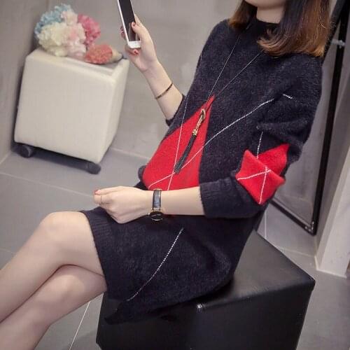 Geometric Womens Base Sweater Autumn and Winter Wear Large Size Mink Knitted Dress Loose Mid-length Sweater Pull Femme f2672