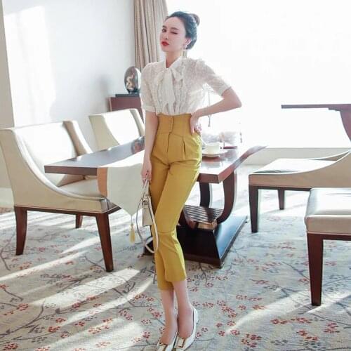 Summer Women 2 Piece Sets Office Ladies Bowing Shirt Top+Black High Waist Full Length Pant Suits Elegant Outfits