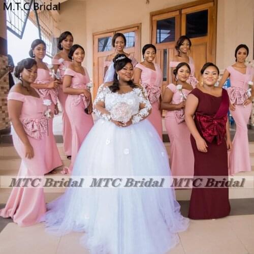 Long Mermaid Pink 2021 Bridesmaid Dresses With Bow Floor Length Corset South African Women Wedding Party Gowns Plus Size