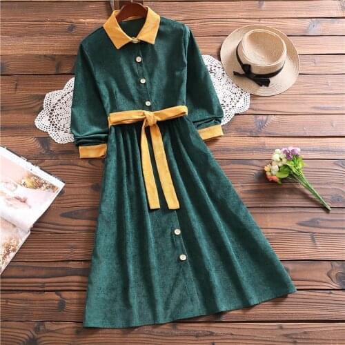 2021 New Spring and Autumn Lighting Retro Corduroy Womens Stitching Long Sleeve Contrasting Color Waist Slim Mid-length Dress