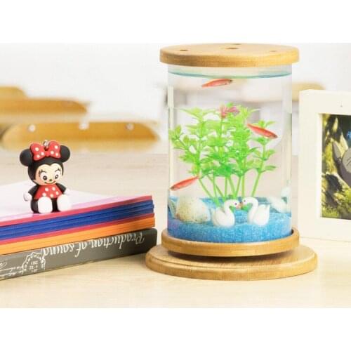 1Pcs Bamboo Base Glass Betta Fish Tank Mini Fish Tank Decoration Accessories Rotate Decoration Fish Bowl Aquarium Accessories