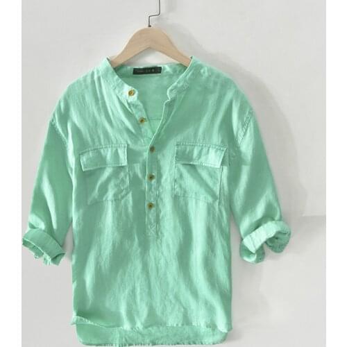 100% Linen Men Shirt Two Pockets Casual Short-Sleeved Pullover Shirts For Men Solid Tops Streetwear Camisas Shirt Men TS-718