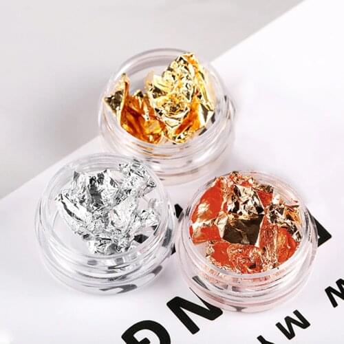 3 Jars Colorful Nail Foil Mixed Golden Rose-Gold Silver Color Metallic Leaf Flakes Stickers for DIY Nail Art Design Decorations