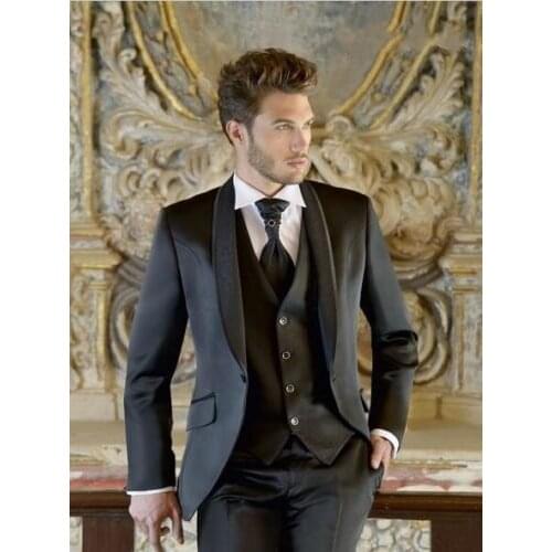 4Pieces(Jacket+Pant+Vest+Tie)Shawl Collar Black Men Suits Custume Homme Fashion Terno Masculino New Style Slim Fit Tuxedos Wool