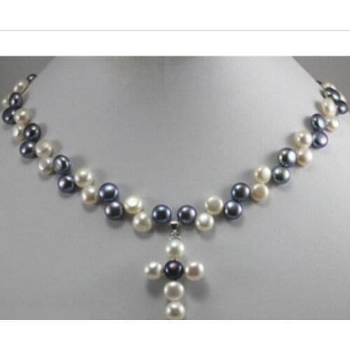 Free shipping 7-8mm beautiful black & white cultured Pearl cross Pendants Necklace