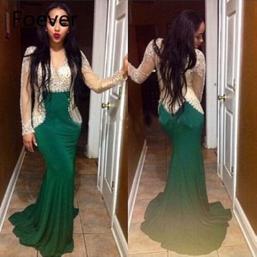 Sparkly Prom Dress Mermaid See Through V Neck sweep Train Green Long Sleeves Rhinestone evening Dresses Party Dress