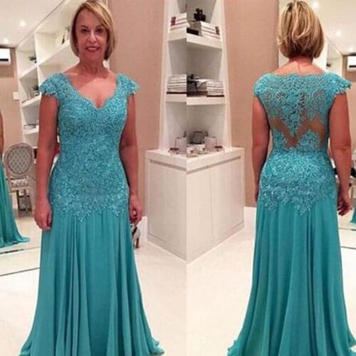 Deep V Neck Cap Sleeves Teal Chiffon Lace Applique Wedding Guest Dress Mother Of The Bride Dresses