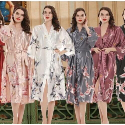 Bride Bridesmaid Wedding Robe Satin Sexy Kimono Gown V-Neck Print Crane Sleepwear Summer Loose Loungewear Intimate Lingerie Gown