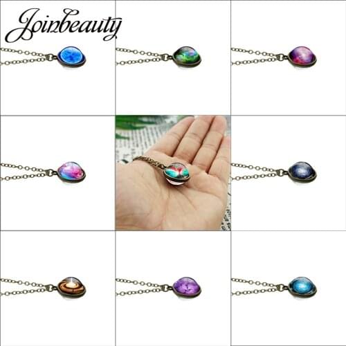JOINBEAUTY Astronomy Student Gifts Necklace Galaxy Outer Space Planet Pattern Round Pendant Long Chain Handmade Jewelry B707