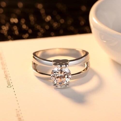 Cute Silver Plated Bear Double Layer Ring For Women Jewelry Engagement Party Wedding Alloy Ring Hand Accessories Size 6-10