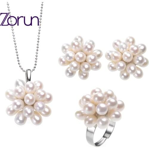 Zorun Real Natural Freshwater Pearl Wedding Jewelry Sets 5-6MM with Silver Color New Design Ring Sets for Women