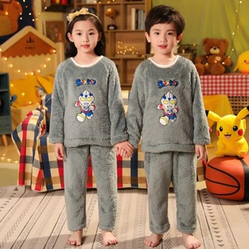 New 2022 Cartoon Kid Pyjamas Autumn Winter Warm Flannel Boy Pajamas Set Girl Pyjamas Christmas Kids Clothing Set Girl Sleepwear