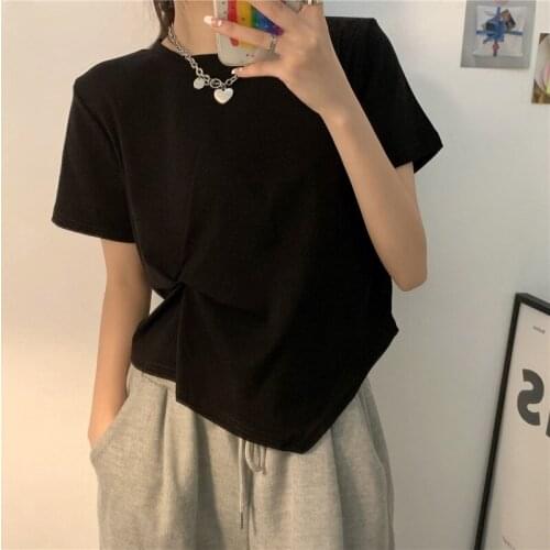 Tshirt Large Size Solid Color Design Twisted Round Neck Short Sleeve Irregular Short T-shirt For Plump Girls