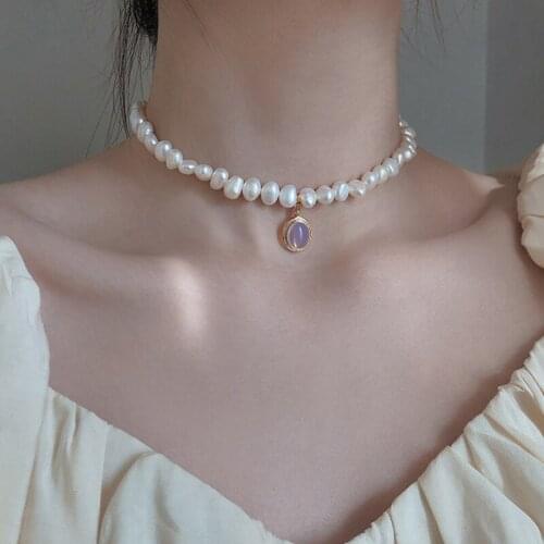 Lifefontier Freshwater Natural Pearl Choker Necklace Geometric Oval Opal Pendant Baroque Pearl Chain Necklace for Women Jewelry
