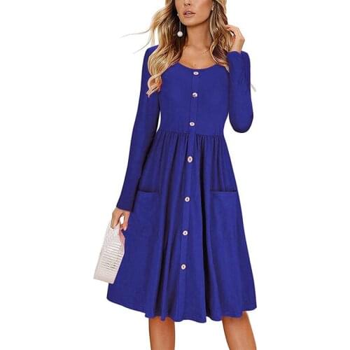 V-Neck Pockets Button Dress Women 2018 Autumn Midi Shirt Dress Long Sleeve Sexy Casual A-Line Beach Sundress Ladies Dress XXXL
