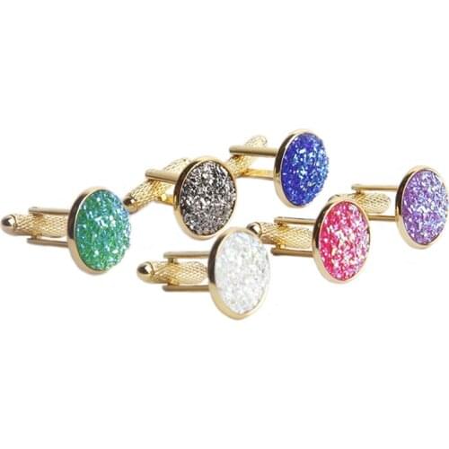 Simple Fashion Shirt Cufflinks for Men Drusy Rhinestones Cuff Links Round Sleeve Button Christmas Gifts Mens Cuff link Gemelos