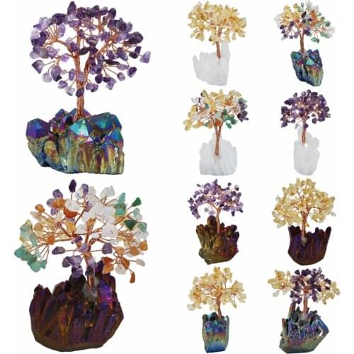TUMBEELLUWA Natural Amethyst Citrine Money Tree,Aura Titanium Coated Crystal Cluster Base Bonsai Sculpture Figurine 4 Inch