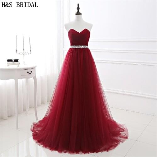 Sweetheart Beaded Burgundy Evening Dresses Tulle A-line prom dress Lace Up Strapless Long prom dresses Real Photos Evening Gown