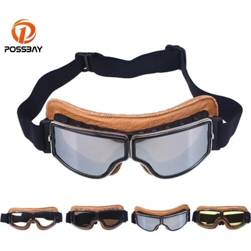 POSSBAY Vintage Motorcycle Goggles Glasses Motocross Cycling Sport Glasses PU Leather Pilot Cruiser Gafas for Harley