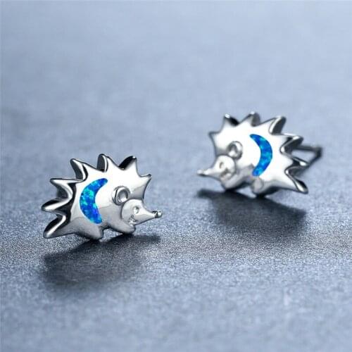 Vintage Silver Color Wedding Earrings Creative Cute Small Hedgehog Stud Earrings White Blue Opal Stone Animal Earrings For Women