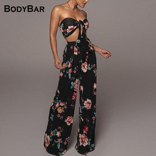 2021 Bohemian Summer Two-Pieces Floral Print Sexy Lace Tube Tee +High Waist Trousers Fashion Elegant Wide Leg Pant Suit Outfits