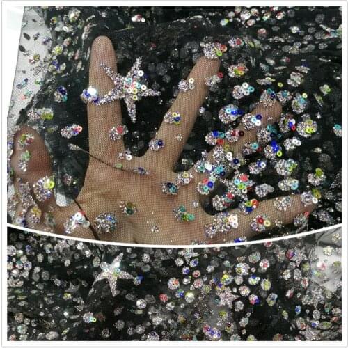 African Black Net Lace Fabric With Glitter Shiny Star Bronzing Sequins Embroidery Mesh Fabric With Star Pattern DIY Stage Dress