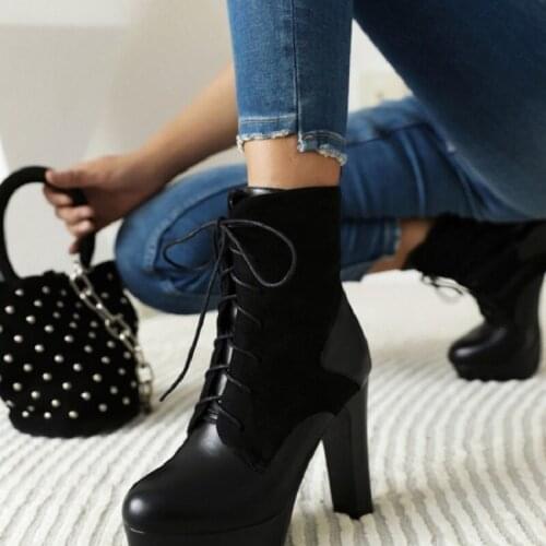 IPPEUM Boots Female Women Shoes Round Toe Lace High Thick Heel Stitching Womens Fashion Ankle Boots женские туфли бренд
