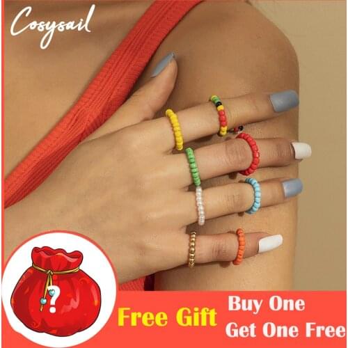 Cosysail 8Pcs Creative Bohemian Bead Finger Ring Set Korea Trendy Sweet Acrylic Resin Knuckle Jewelry for Women Girl Jewelry
