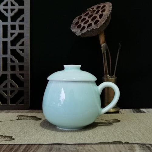Coffee Mug Teacups with Lid 10oz Porcelain Milk Cup Ceramic Tableware Chinese Celadons Drinkware Microwave and Dishwasher Safe