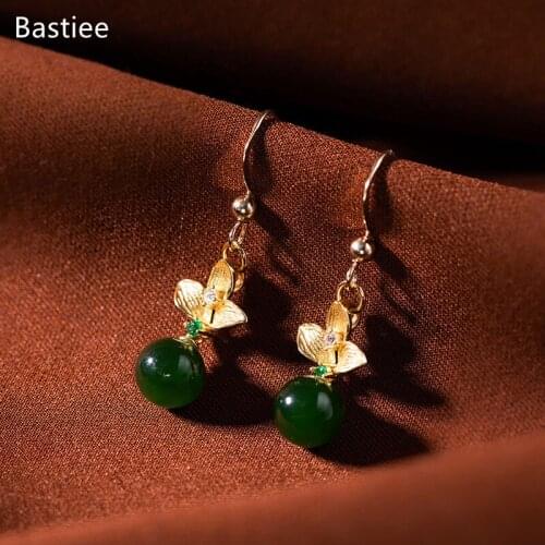 Bastiee Korean Earrings Earrings Silver 925 Jewelry For Women Jade Golden Plated Long Earrings Vintage Silver Earrings