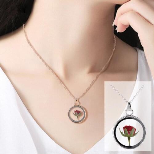 Creative Dried Rose Glass Floating Lockets Pendant Necklaces for Women Dried Flower Pendants Necklace Chain Choker Jewelry Gifts