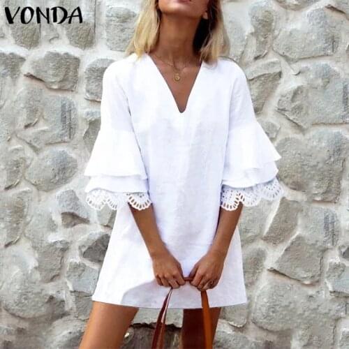 VONDA Summer Dress Women Hollow Half Fare Sleeve Ruffle Mini Dress Female Office Ladies Sundress 2021 Plus Size V Neck Vestidos