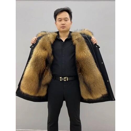 Raccon Fur Coat Men Real Muskrat Fur Liner Jacket Winter Hooded Parka Warm Thick Waterproof Outwear