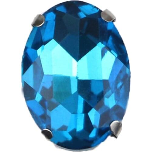 Oval Shape Four Claw Lake Blue High Quality Silver Base Crystal Glass Flatback Sew On Rhinestones For DIY Clothing/Bag