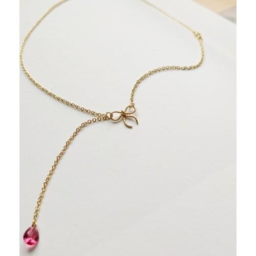 925 Sterling Silver Gold Butterfly Knot Sideways Bow Necklace Rose Red Teardrop Zircon Drop Necklace Female Choker Women Jewelry