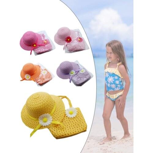 Flower Sun Straw Hat Girl Durable Portable Summer Sun Cap Outdoor Riding with 2 Handles Summer Leisure Play Beach Hats