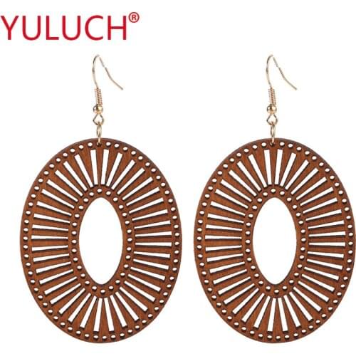 YULUCH African popular wooden jewelry geometric oval hollow pendant earrings for fashion ethnic women party earrings gifts
