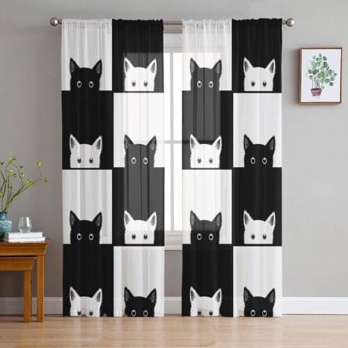 Geometic Black White Plaid Cat Window Curtains Bedroom Modern Drape Sheer Tulle Valances Living Room Kitchen Voile Curtain