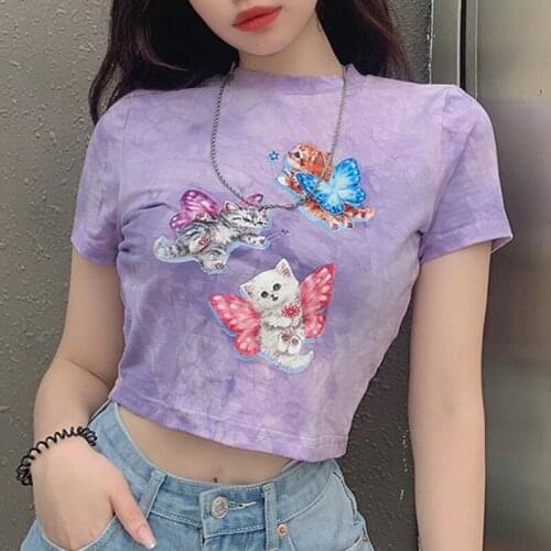 Butterfly print ladies casual short T-shirt purple cotton round neck crop top summer streetwear top