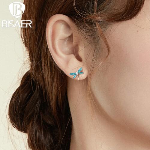 BISAER New Real 925 Sterling Silver Little Dragonfly Small Stud Earrings For Women Fine Silver Jewelry Gift EFE455
