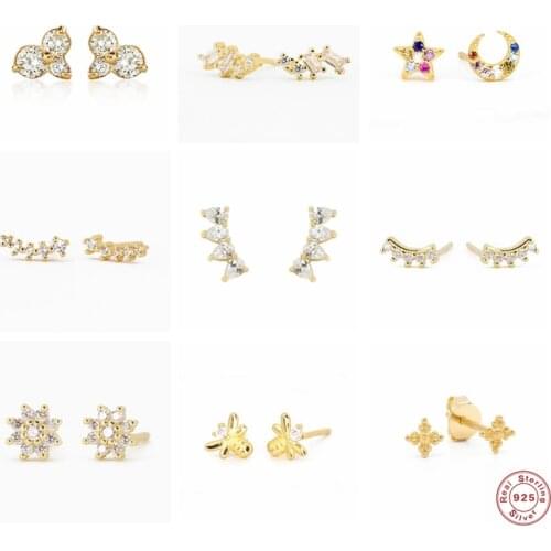 Pendientes Plata 925 Cute Mini Snowflake Bee Moon Star Womens Earring S925 Sterling Silver Bling Zircon Cartilage Stud Earrings