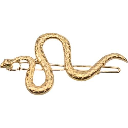 Women Girl Boho Snake Shape Hair Clips Decor Textured Metal Alloy Hairpins Faux Green Crystal Eyes Modern Jewelry Snap Barrettes
