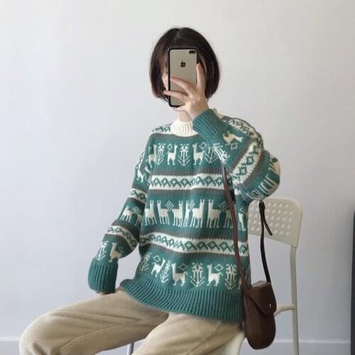 Womens Round Neck Christmas Sweater Temperament New Autumn Winter Loose Jacquard Knit Student Sweater Pullover Women ML162