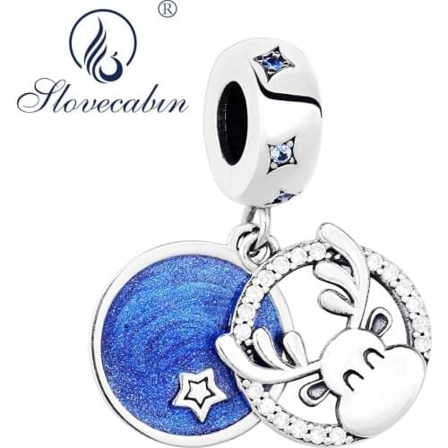 Slovecabin 925 Sterling Silver Blue Starry Sky Dangle Beads For Women DIY Snake Bracelets Statement White Zircon Wapiti Jewelry