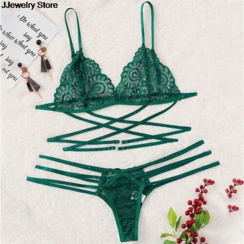 1 x Sexy Lingerie Bra Set Women Green Sexy Lace Sling Bra Thong Set Bandage Underwear Sleepwear Lingerie Sets Lenceria