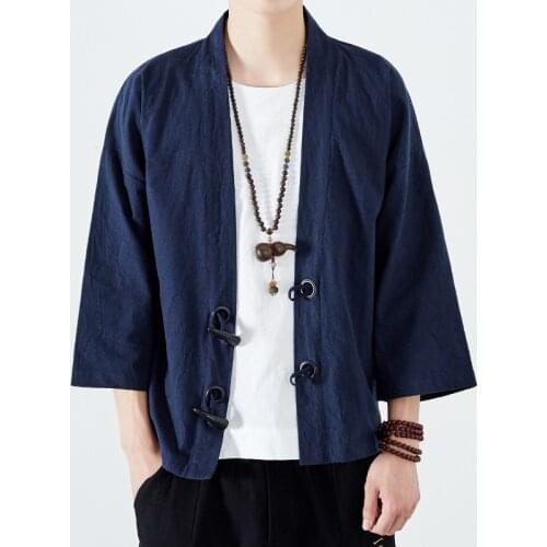 #4334 Vintage Kimono Cardigan Jacket Men Japanese Style Horn Button Linen Windbreaker Men Kimono Coat Cloak Plus Size 5XL Loose